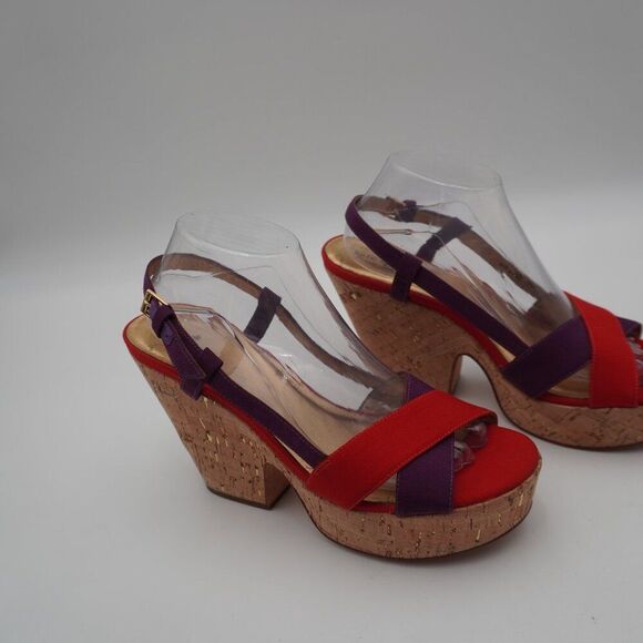 Kate Spade Penny Sandals Wedge Block Heels Red Purple Canvas Cork  Size 10M - Picture 2 of 7